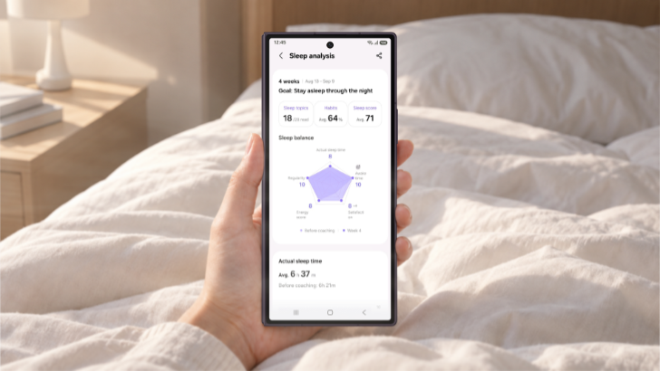 Eine Hand hält ein Samsung Galaxy Smartphone mit der Schlafanalyse in der Samsung Health-App, im Hintergrund ein weiß bezogenes Bett im warmen Morgenlicht.