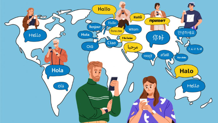 Illustration einer Weltkarte mit Menschen und Sprechblasen in verschiedenen Sprachen; sie symbolisiert die neuen Sprachoptionen von Galaxy AI und Bixby. © Samsung Electronics