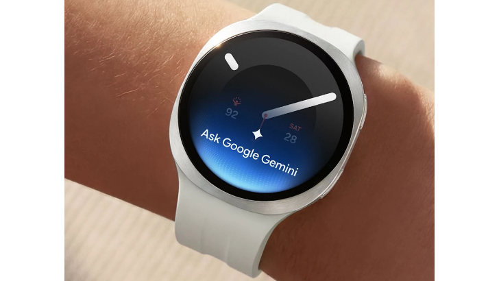 Silberfarbene Samsung Galaxy Watch9 mit weißem Armband an einem Handgelenk; auf dem schwarzen Display steht „Ask Google Gemini“.