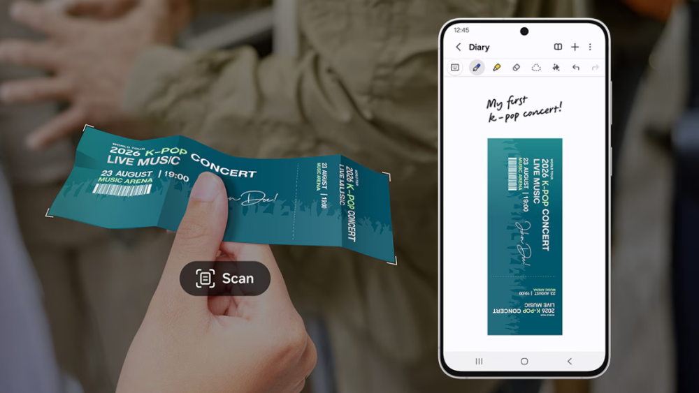 Eine Hand hält ein zerknittertes Konzertticket vor einem Scan-Rahmen, daneben die Schaltfläche „Scan“. Rechts daneben ist auf dem Smartphone die Notiz-App „Diary“ mit dem eingescannten Ticket und handschriftlichem Text zu sehen.
