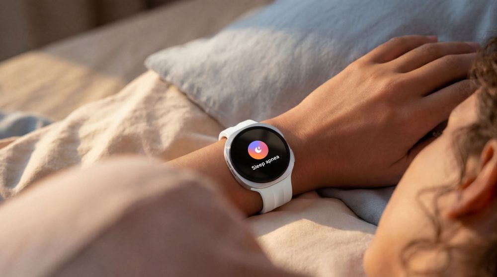 Nahaufnahme einer im Bett schlafenden Person; an ihrem Handgelenk ist eine Samsung Galaxy Watch9 mit weißem Armband zu sehen.