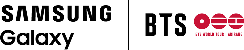 Logotipo de la colaboración Samsung Galaxy x BTS, que muestra las marcas Samsung Galaxy y BTS junto al emblema de la gira mundial de BTS sobre fondo claro.