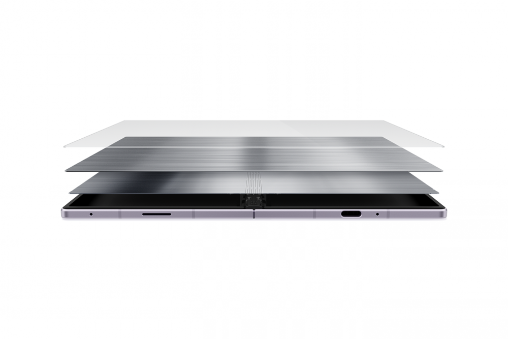 Samsung Galaxy Z Fold8 desplegado con una vista por capas de su estructura de pantalla Flex Titanium sobre fondo blanco.