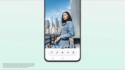 “Samsung Galaxy S26 FE Photo Assist interface showing AI-powered photo editing tools on a portrait.”