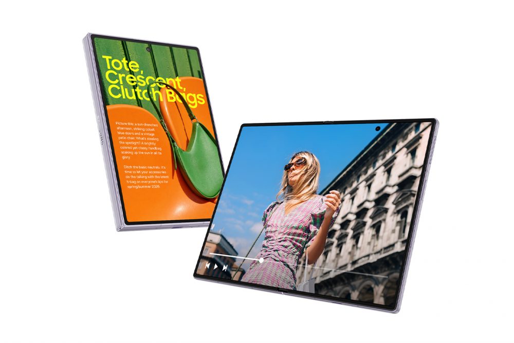 Samsung Galaxy Z Fold8 shown open and in portrait orientation, displaying fashion and video content on its large foldable screen.
