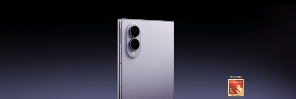 Samsung Galaxy Z Fold8 in a light purple finish, shown from the rear with its dual camera system and Snapdragon 8 Elite for Galaxy branding.