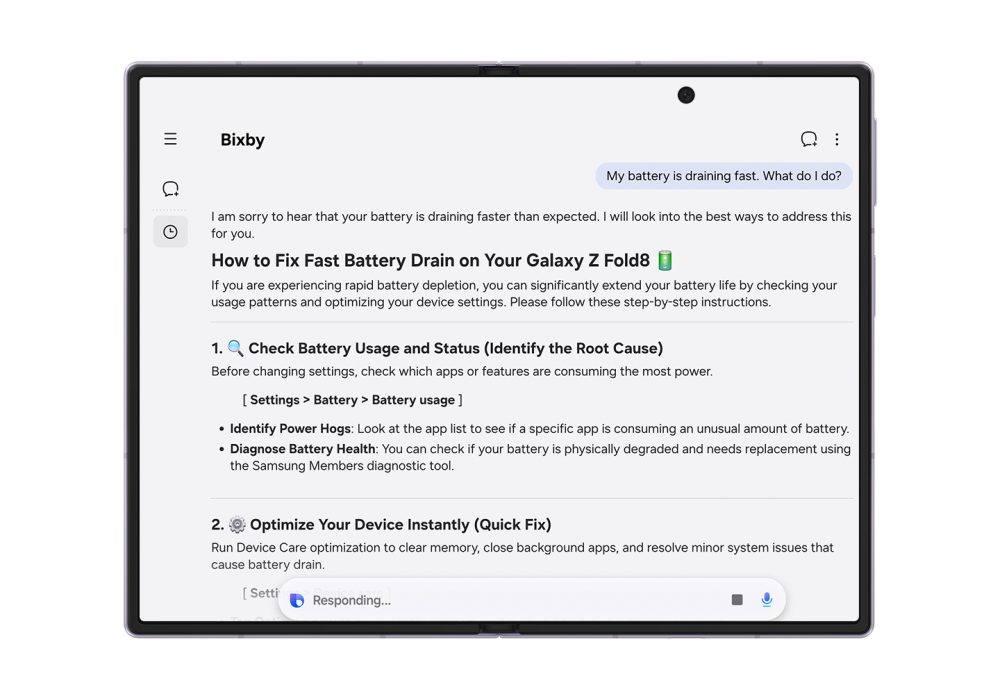 Bixby on Samsung Galaxy Z Fold8 provides step-by-step guidance for checking battery usage, diagnosing battery health and reducing fast battery drain.