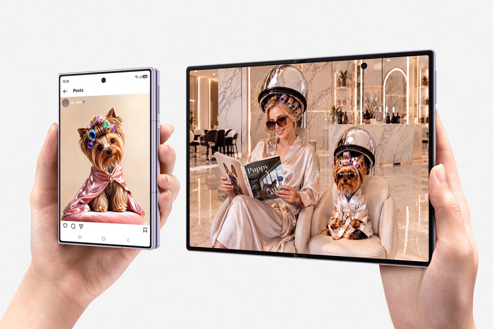 Two Samsung Galaxy foldable smartphones shown open and closed, displaying social media content and a salon scene with a woman and dog.