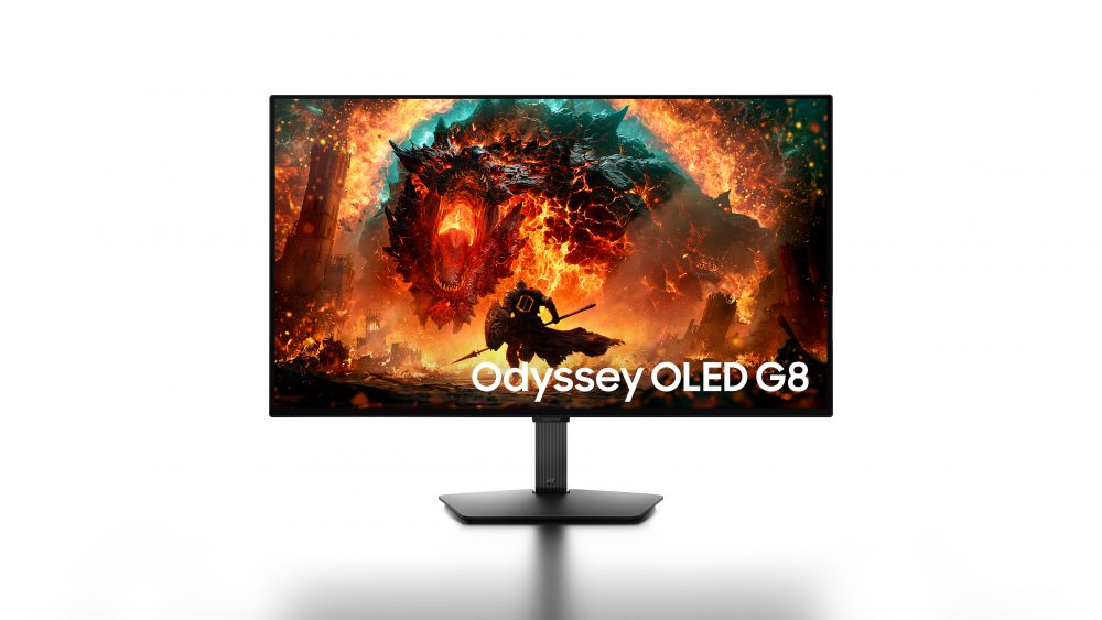 Monitor gaming Samsung Odyssey OLED G8 que muestra una escena de fantasía con un guerrero frente a una criatura envuelta en llamas.