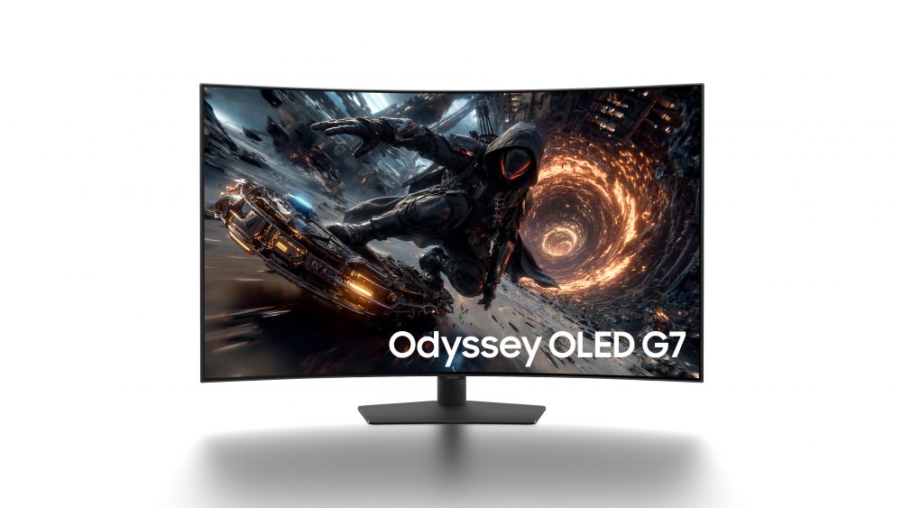 Monitor gaming curvo Samsung Odyssey OLED G7 que muestra una escena futurista con un personaje encapuchado junto a un vehículo y un portal luminoso.
