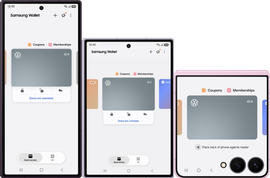 Samsung Wallet displays a digital car key across three Galaxy Z foldable devices in different screen configurations.