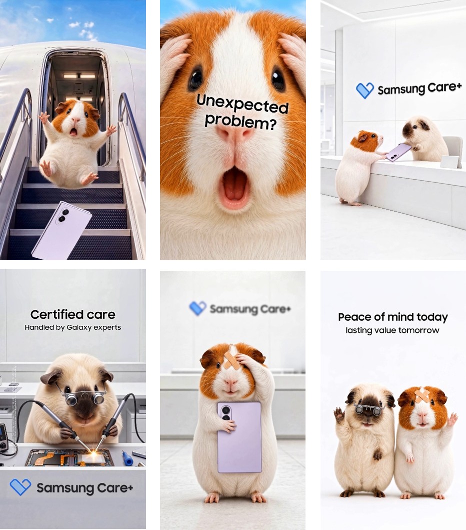 Samsung Care+ campaign illustrating unexpected Galaxy device damage, certified care by Galaxy experts and support for device repair.