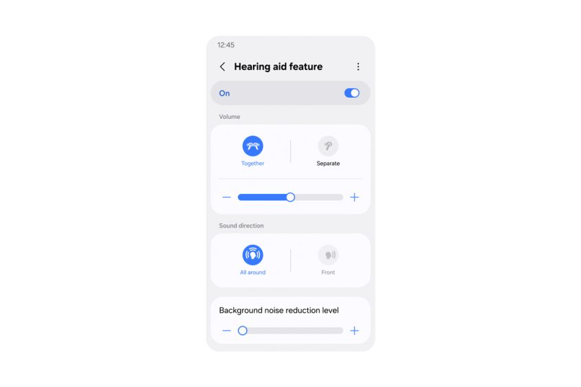 Pantalla de la función de ayuda auditiva en Galaxy, con controles para ajustar volumen, dirección del sonido y nivel de reducción del ruido de fondo.