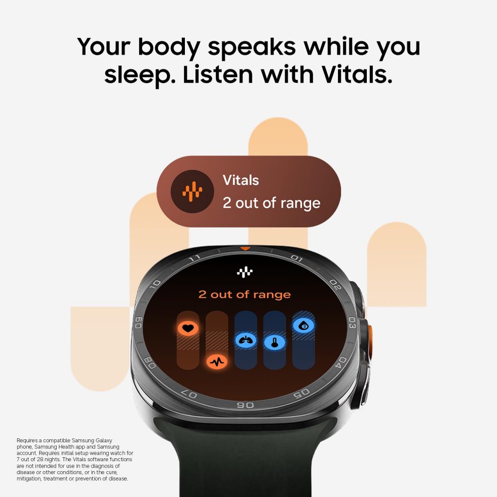Samsung Galaxy Watch Ultra mostrando la función Vitals, que monitoriza indicadores de salud durante el sueño y señala dos valores fuera de rango.