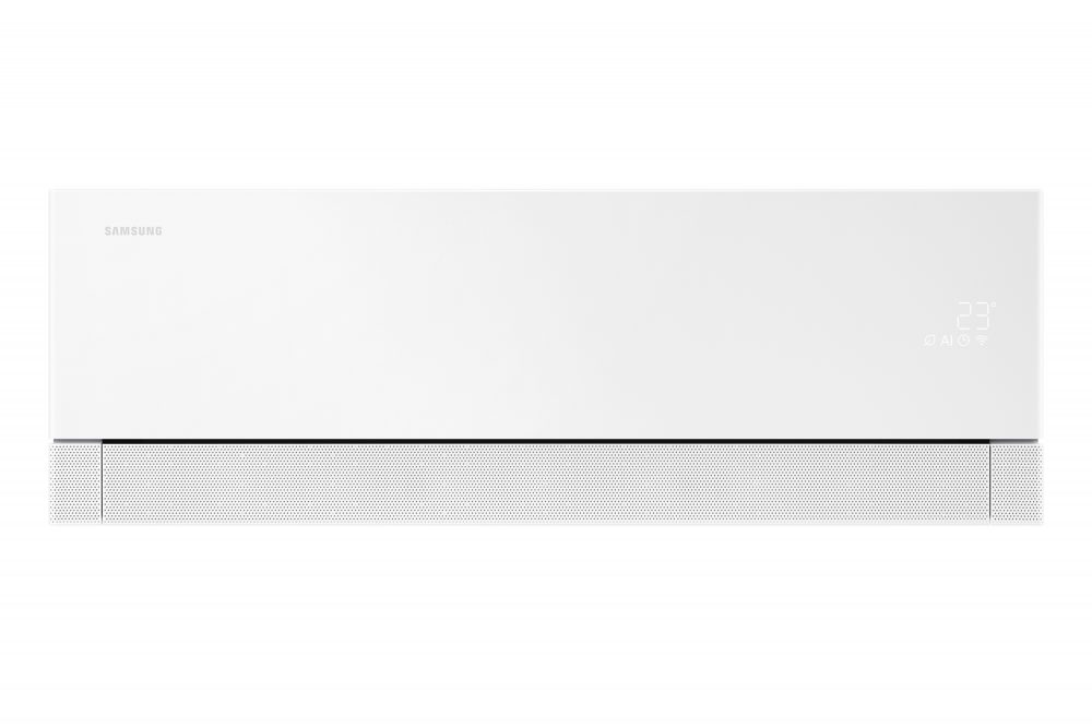 Aire acondicionado Samsung Bespoke AI WindFree Pro en color blanco, con diseño minimalista y pantalla digital integrada.