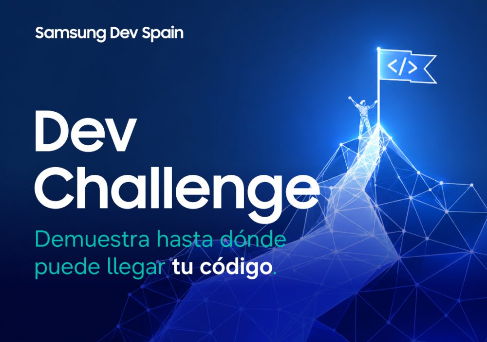 Gráfica de Samsung Dev Spain para Dev Challenge, con una montaña digital y una figura alcanzando una bandera con un símbolo de código.