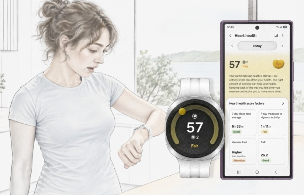 Mujer con ropa deportiva consulta su reloj inteligente. A su lado aparecen ampliados un smartwatch y un smartphone con Samsung Health, mostrando una puntuación de salud cardiovascular de 57 y distintos indicadores de salud.