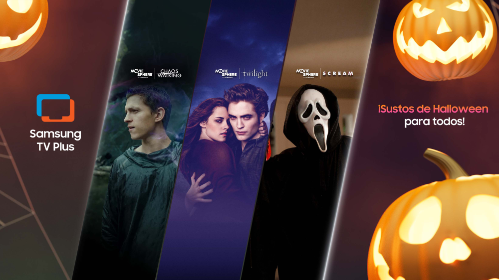 Banner promocional de Halloween de Samsung TV Plus con calabazas iluminadas y las películas Chaos Walking, Crepúsculo y Scream, acompañado del mensaje «¡Sustos de Halloween para todos!».