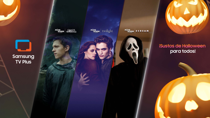 Banner promocional de Halloween de Samsung TV Plus con calabazas iluminadas y las películas Chaos Walking, Crepúsculo y Scream, acompañado del mensaje «¡Sustos de Halloween para todos!».