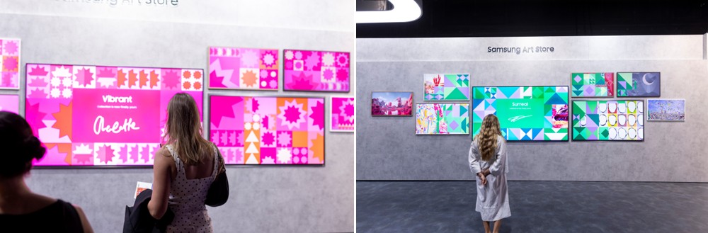 (De gauche à droite) Les visiteurs voient leur thème artistique personnalisé s'afficher sur les téléviseurs Samsung Art TV installés au sein du lounge.