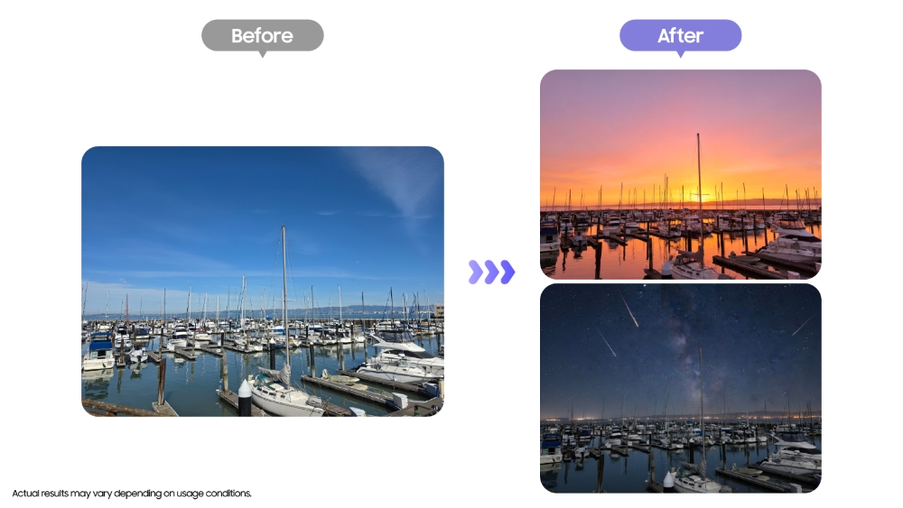 Before-and-after comparison of a daytime harbor scene transformed into sunset and nighttime scenes using Photo Assist
