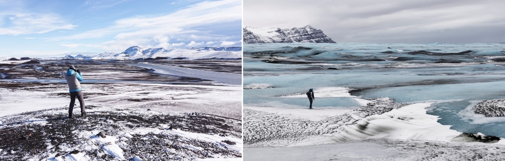 (From left) Najjar behind the scenes in Iceland and at work amid the dramatic Icelandic landscape that informs his visual language. (Credit: Michael Najjar)