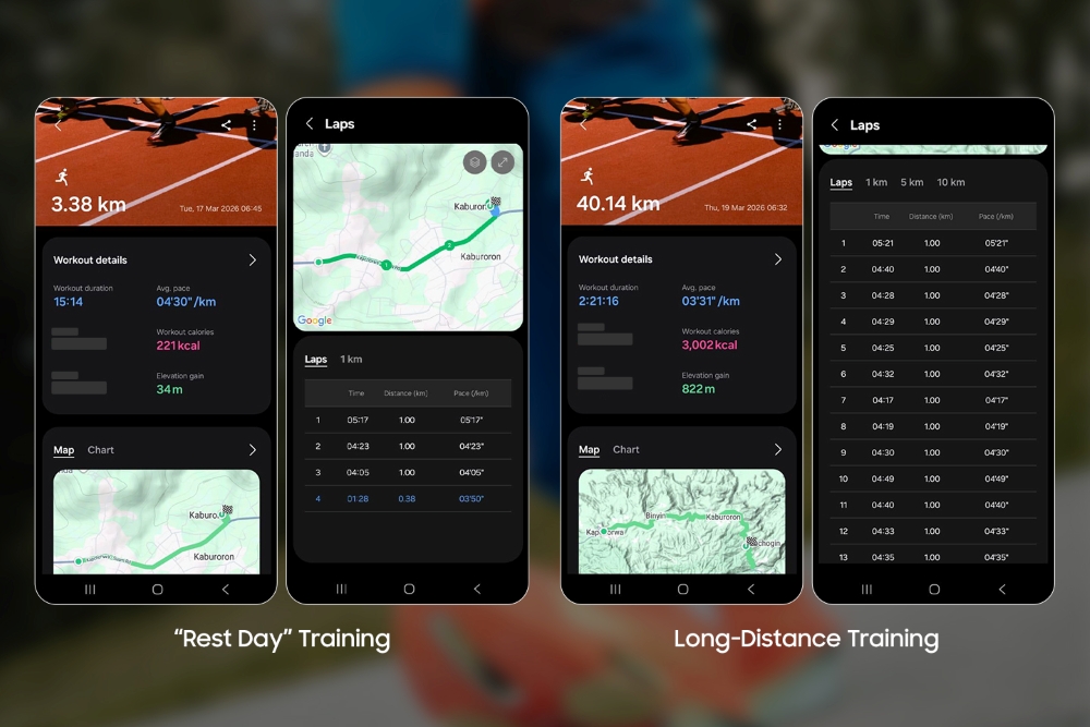 Screenshots from Kiplimo’s Samsung Health app show his varied training routine, including light jogs and long-distance runs.