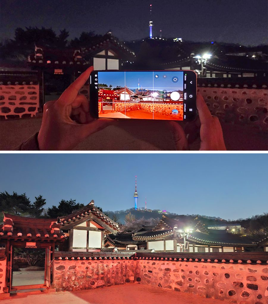 (From top to bottom) Night scene in Seoul with Nightography on Galaxy A57 5G and the resulting image