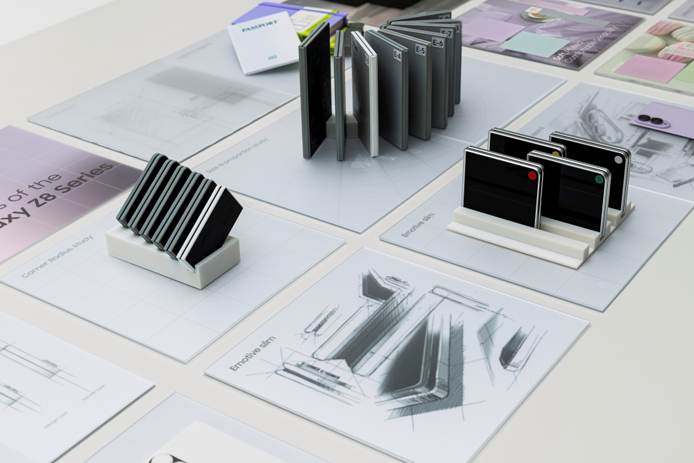 Product sketches and design elements on display illustrate the design process behind the new Galaxy Z series.