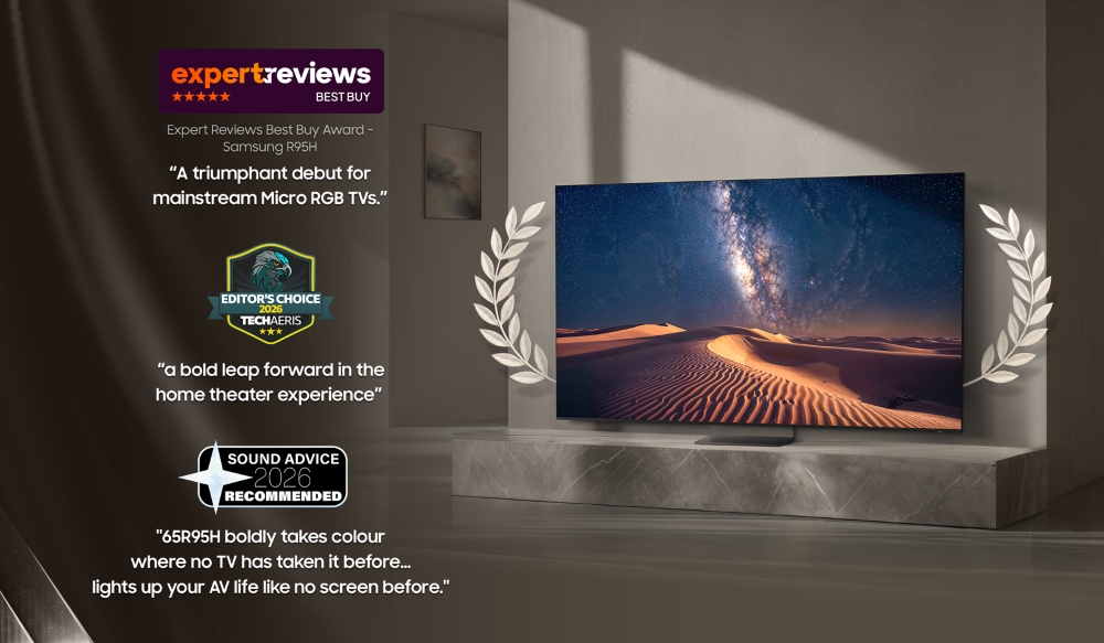 Samsung’s Micro RGB TV (R95H) impressed reviewers with vivid color reproduction, immersive large-screen viewing and exceptional picture quality. 