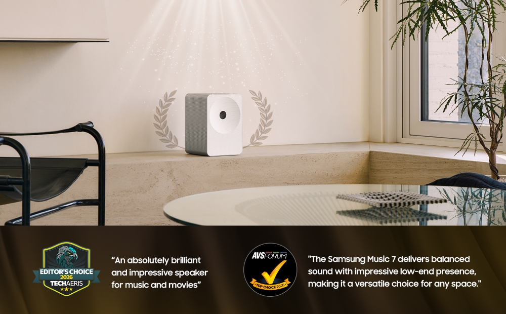 Samsung’s Music Studio 7 Wi-Fi speaker delivers room-filling Dolby Atmos sound through its 3.1.1-channel audio system. 