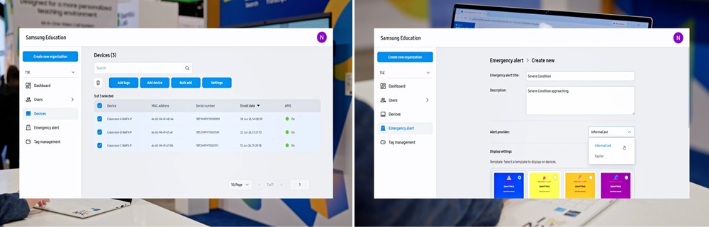 Samsung Education Portal gives IT teams a centralized way to manage teacher accounts, enrolled displays and Emergency Alerts.