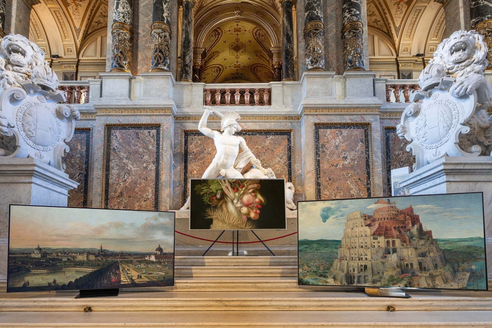 (From left) “Vienna Viewed from the Belvedere Palace” (1758/61) by Bernardo Bellotto the Elder on OLED TV, “Summer” (1563) by Giuseppe Arcimboldo on The Frame and “The Tower of Babel” (1563) by Pieter Bruegel the Elder on Micro RGB TV at Kunsthistorisches Museum in Vienna. 