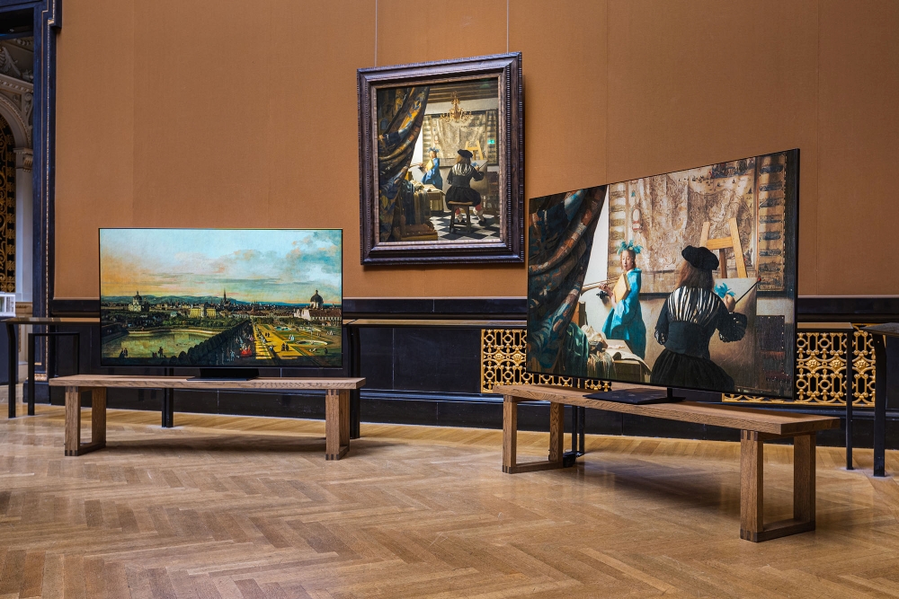(From left) “Vienna Viewed from the Belvedere Palace”, known as “Canaletto View” (1758/61) by Bernardo Bellotto on OLED TV and “The Art of Painting” (1665-68) by Johannes Vermeer on Micro RGB TV at Kunsthistorisches Museum. 