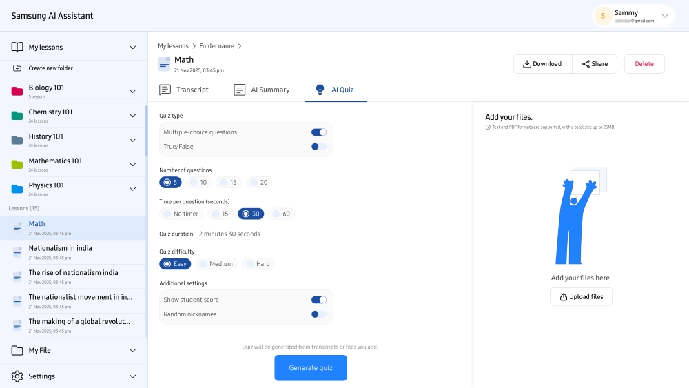 Teachers can create an AI Quiz by selecting options such as quiz type (multiple choice or true/false), number of questions, time per question and difficulty level.