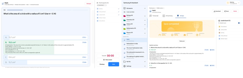 (Left) AI Quiz lets students respond to quiz questions and displays the correct answers for teachers to explain. (Right) After the AI Quiz session, teachers can review results through the dashboard, including completion rate, average score and correct answer rate for each question.