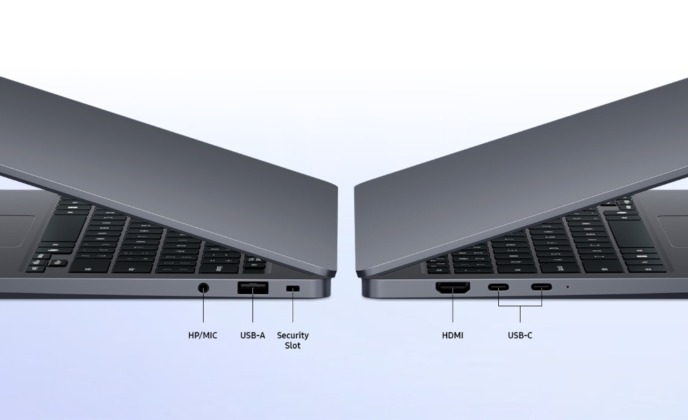 Two USB Type-C ports with the same functionality, making everyday connections simpler and more intuitive, plus USB Type-A, HDMI 1.4, and a 3.5mm headphone jack