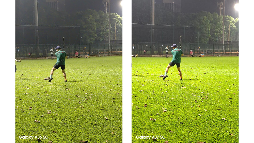 Perbandingan hasil foto orang yang sedang bermain softball, dengan Galaxy A36 5G di kiri yang lebih gelap dibandingkan dengan Galaxy A37 5G makin terang