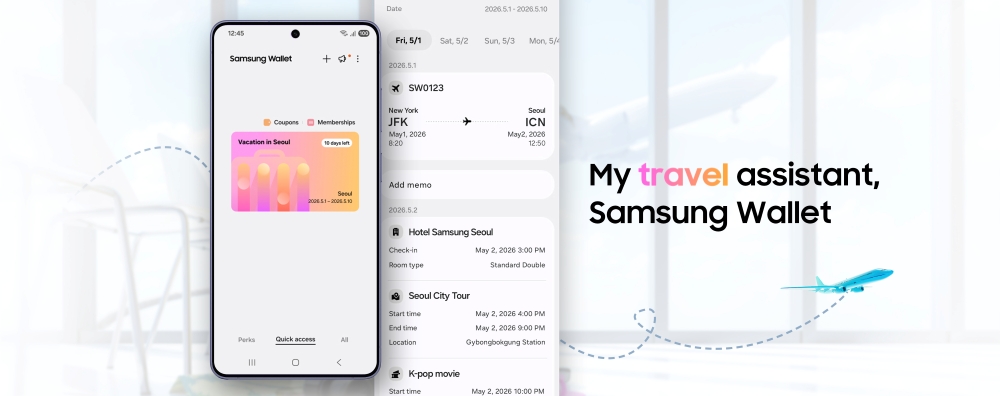 Tampilan fitur Trips di Samsung Wallet pada smartphone Samsung Galaxy yang menampilkan itinerary perjalanan, tiket, dan detail booking dalam satu timeline terorganisir.