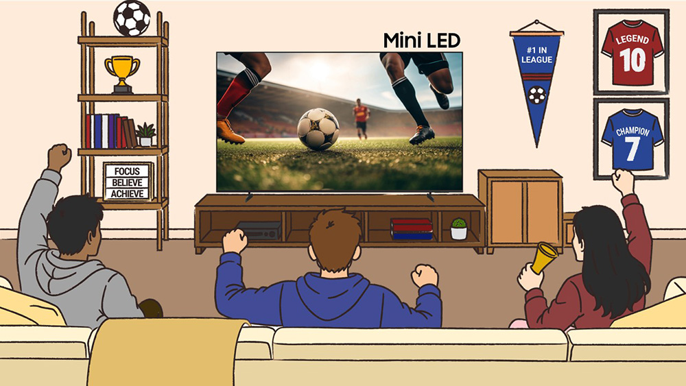 Dengan optimasi gambar dan suara berbasis AI, Mini LED membuat setiap aksi terasa lebih hidup dan imersif, seolah membawa atmosfer stadion langsung ke ruang keluarga. 