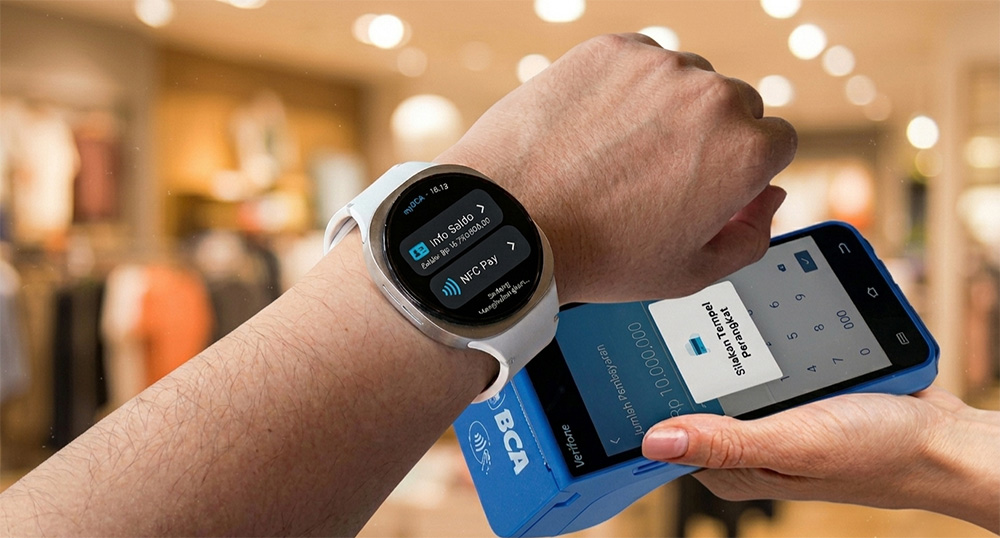 Samsung Galaxy Watch8 yang dilengkapi dengan NFC Pay pada aplikasi myBCA memudahkan pengguna membayar kopi di kafe cukup dengan satu kali tap dari pergelangan tangan.