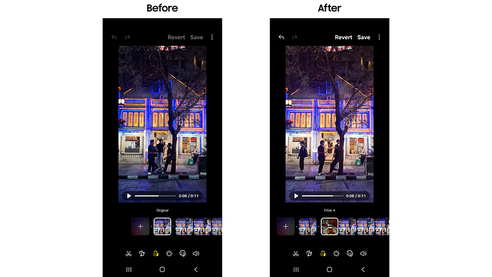 Before after fitur Create Filter Galaxy A37 5G pada video malam hari, menampilkan perbedaan tone warna yang lebih estetik.