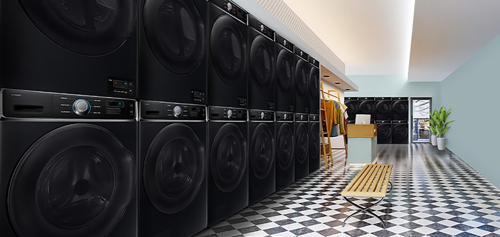 Deretan Samsung Professional Dryer DV14 14kg untuk usaha laundry komersial yang membutuhkan kapasitas besar, efisiensi operasional, dan produktivitas yang lebih tinggi.