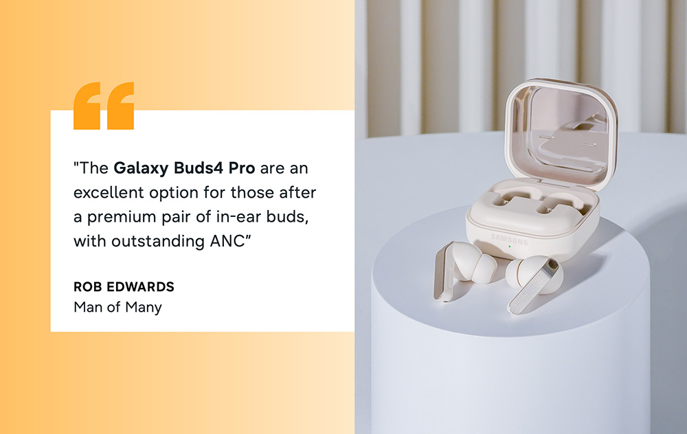 Galaxy Buds4 Pro dengan desain kompak, menampilkan pengalaman audio berkualitas tinggi dengan fitur noise cancelling (ANC) untuk mengurangi kebisingan sekitar dan menghadirkan fokus mendengarkan musik yang lebih jernih di berbagai lingkungan.
