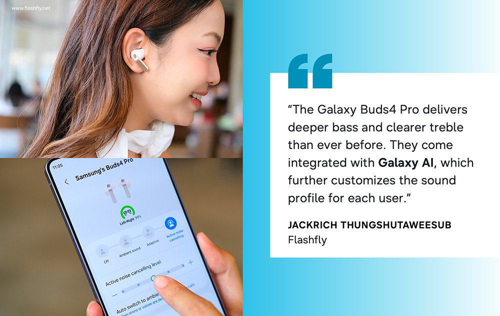 Galaxy Buds4 Pro dengan desain in-ear premium yang menampilkan sistem Dual Driver (woofer dan tweeter) untuk menghasilkan bass lebih dalam dan treble lebih jernih, dilengkapi fitur penyesuaian suara otomatis yang menyesuaikan karakteristik bentuk telinga pengguna untuk pengalaman mendengarkan yang lebih personal.