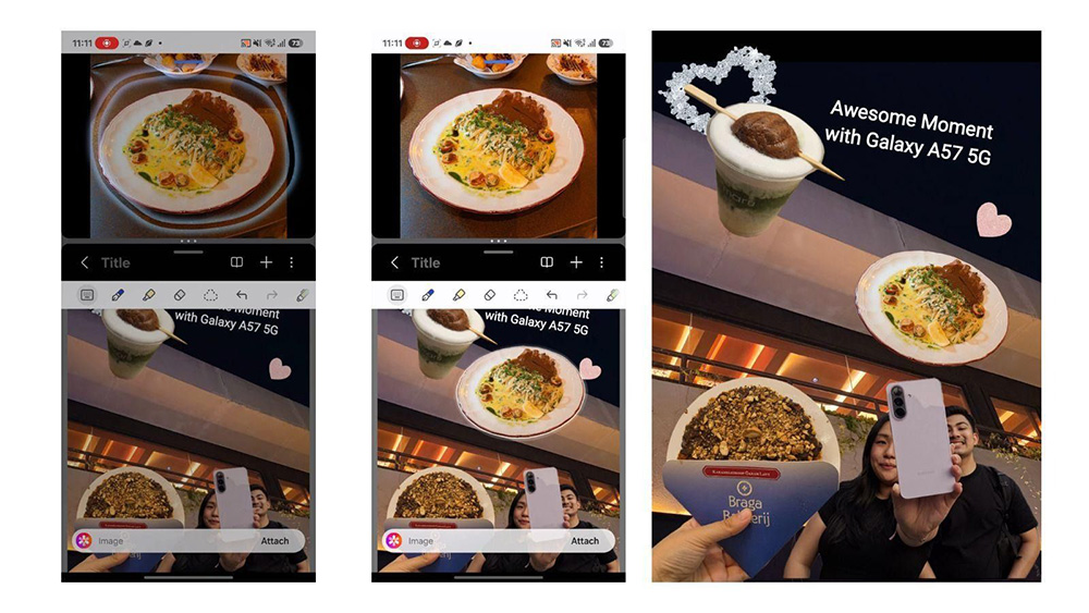 Kolase foto yang menampilkan panduan langkah demi langkah membuat scrapbook menggunakan fitur pengeditan di Samsung Galaxy A57 5G.