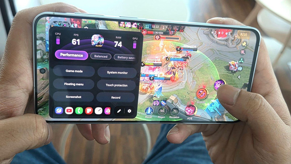 Gameplay Mobile Legends stabil 60 FPS di Samsung Galaxy A57 5G posisi landscape.