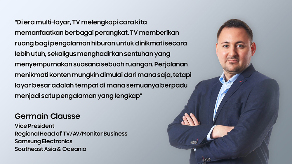 TV berperan sebagai pusat pengalaman hiburan di era multi-layar, menyatukan konten dari berbagai perangkat menjadi pengalaman yang lebih utuh sekaligus melengkapi suasana ruangan.