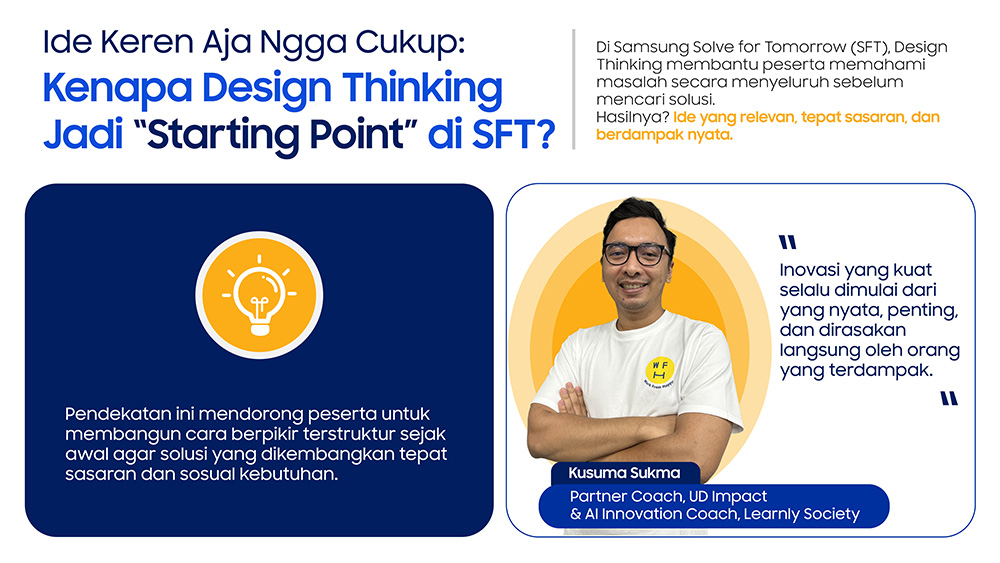 Infografis Samsung Solve for Tomorrow menjelaskan alasan Design Thinking menjadi starting point peserta, dengan kutipan dari Kusuma Sukma, Partner Coach UD Impact dan AI Innovation Coach Learnly Society, tentang pentingnya inovasi yang dimulai dari masalah nyata.