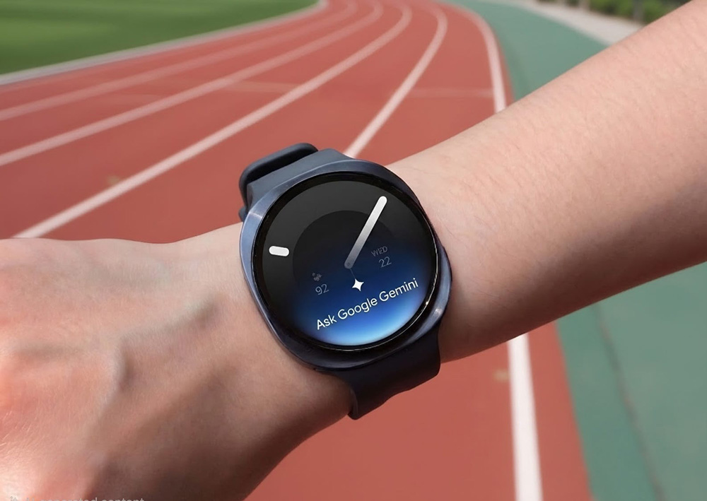 Pengguna mengangkat pergelangan tangan yang mengenakan Galaxy Watch untuk mengakses Google Gemini melalui fitur Raise to Talk.